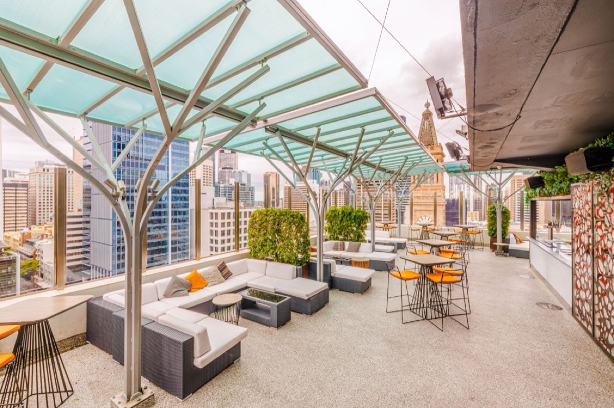The Sixteen Antlers terrace on level 16, glass canopies and lounges over the Brisbane CBD